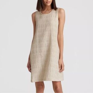 Eileen Fisher Beige Linen Cotton Sleeveless Midi Textured Grid Dress size Large